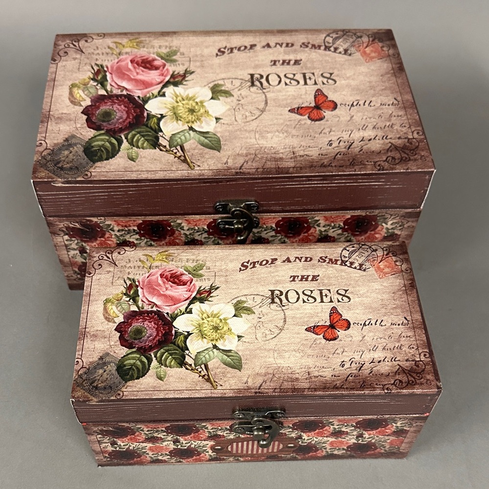 Vintage Style Two Floral Decorative Wooden Boxes NWOT
